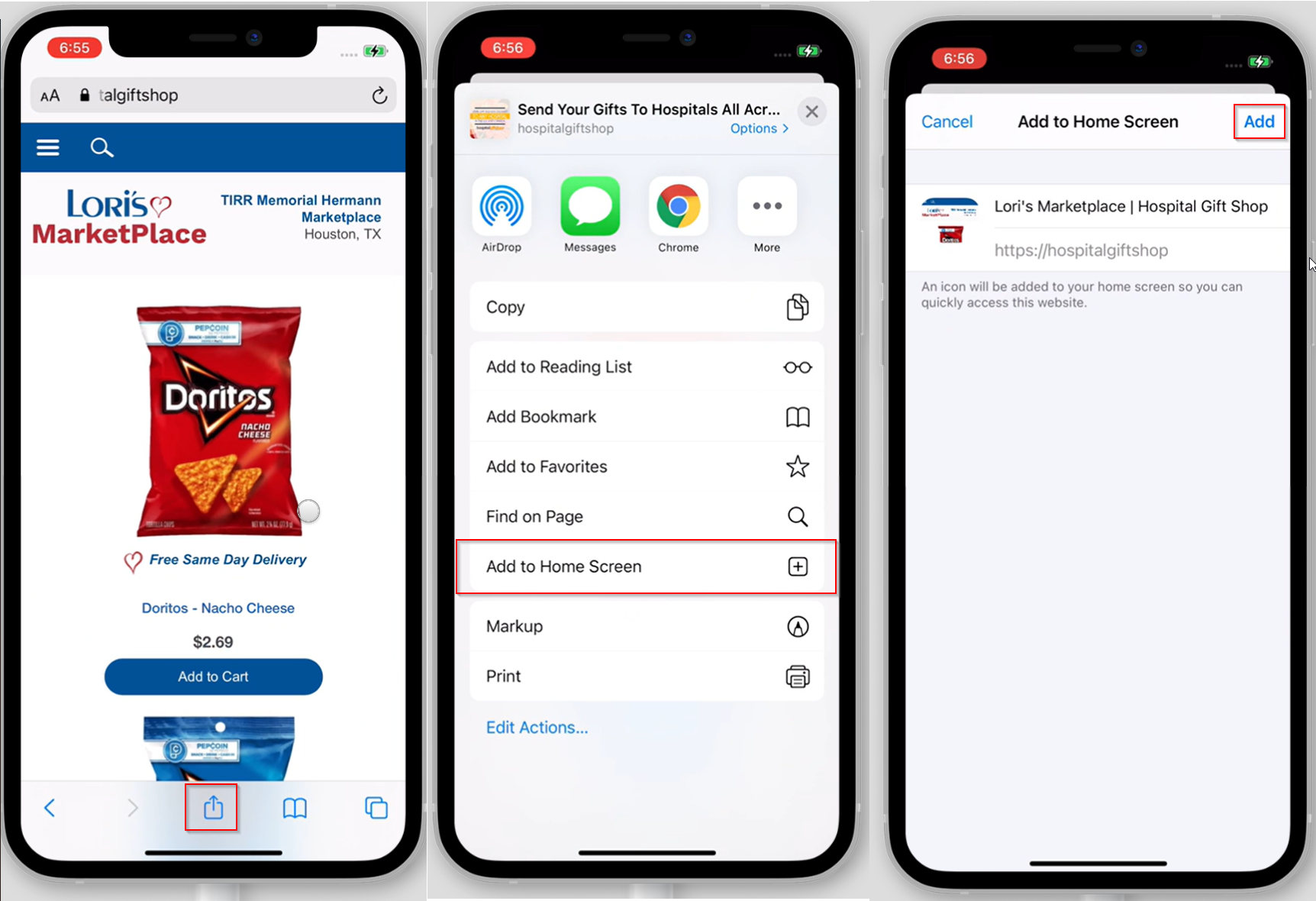 Screenshots of the iOS PWA installation process.